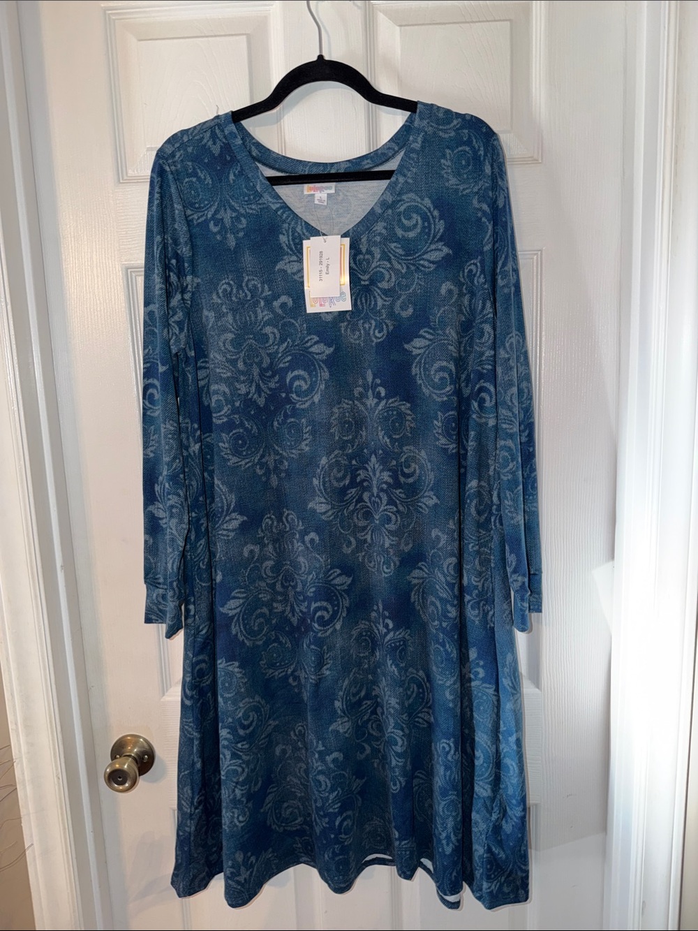 LuLaRoe Emily dress, Denim blue & gray pattern, Large, NEW